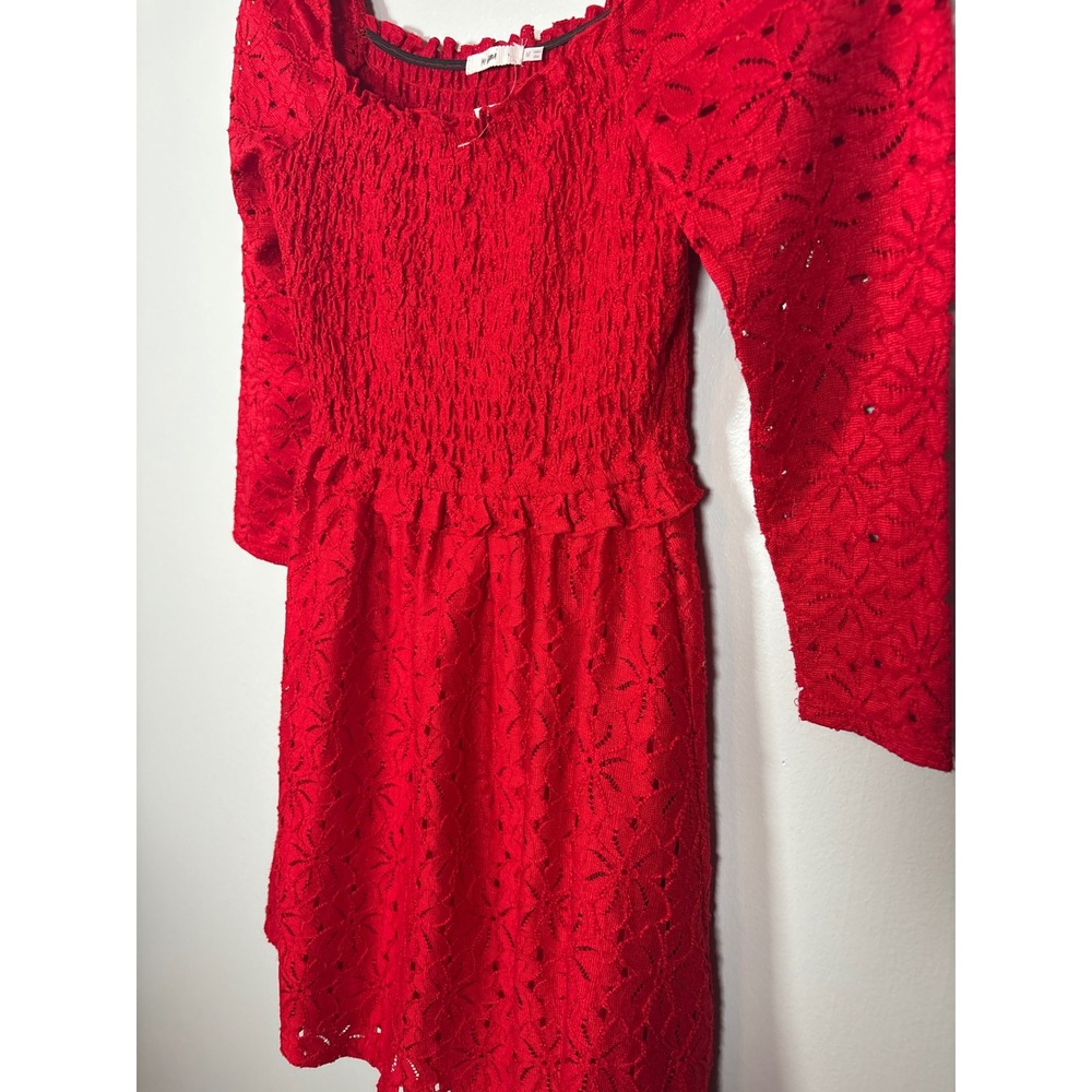 Francescas Mi Ami Red Eyelet Lace Smocked Mini Dress 3/4 Sleeve Women's M - Picture 7 of 7